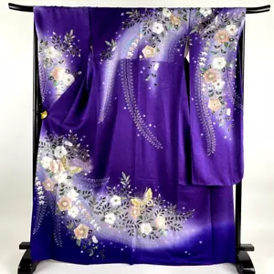 Japanischer Kimono SEIDE "FURISODE" Langarm, Gold/Silber, Tujiga-Hana, L5'5".3398 - Bild 1 von 16