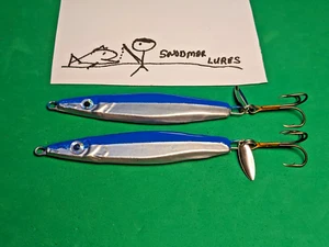 2 - 2 oz FLUTTER SPOONS FISHING LURE JIG JIGGING LEAD SLAB blue and chrome - Picture 1 of 6
