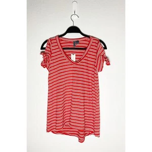 Left Of Center x Anthropologie Women's Red White Shirt Cold Shoulder Sleeves NWT - Picture 1 of 7
