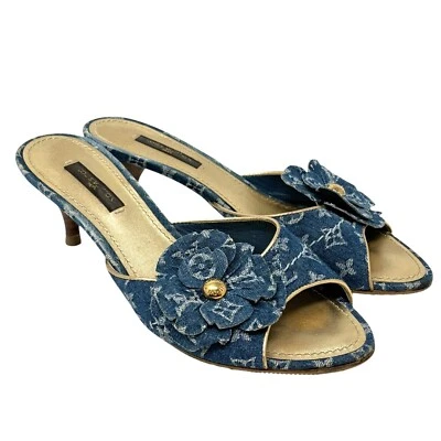 Sandálias jeans Louis Vuitton vintage logotipo LV monograma #36 couro azul dourado - Imagem 1 de 4