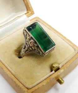 Antique Art Deco marked 14k two tone gold filigree & faceted green glass ring si - Picture 1 of 10