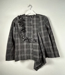 Amma By Kedem Sasson Women's Lagenlook Asymmetric Ruffle Top Plaid Black Size 0 - Picture 1 of 7