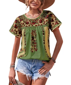 E-Rétro Green Floral Short-Sleeve Crewneck Top Size XL - Bild 1 von 1