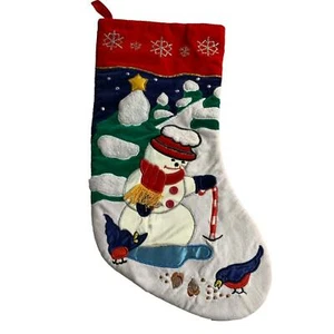 Christmas Stocking Felt Snowman Feeding Birds Tree 18 1/4" Holiday Red Blue - Picture 1 of 7