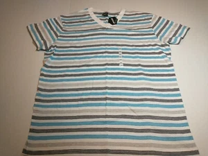 Men's Decoded T-Shirt White w/ Blue Black & Gray Horizontal Pinstripes XXL NWT - Picture 1 of 9