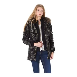 Desigual Parka 4 Black Gold Puffy Sweater Inset Hood Faux Fur New US 4 - Picture 1 of 13