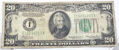 1934 $ 20 (Twenty Dollars)  Green Seal FEDERAL RESERVE NOTE Serial I 16254357 A - Image 1 of 2
