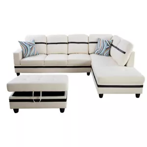 White & Black Semi Semi PU Synthetic Leather 3-Piece Couch Living Room Sofa Set - Picture 1 of 9