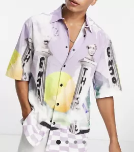 BERSHKA Camicia Uomo Oversize Stampata Top Multi Lilla Giallo Street Medium M - Foto 1 di 7
