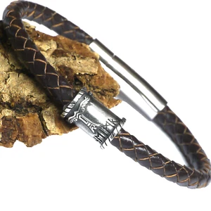 Gr.L Lederarmband Kaffeebraun Wikinger Irminsul Zinnperle Runen Weltenbaum - Bild 1 von 4