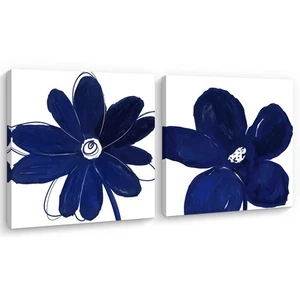 Navy Blue Wall Art for Bathroom Decor, 2 Pieces Abstract Flower Painting Canv... - Picture 1 of 8