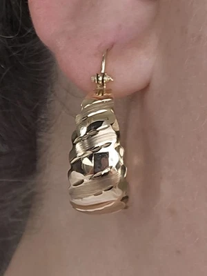 Solid 14k Yellow Gold Hoop Etched Earrings Wide Round Stripe 11mm 32x43mm 1.20"  - Image 1 of 4