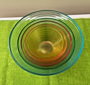Set 5 Stacking Glass Bowls Blue, Green, Red, Orange, Yellow Mix, Serve, Prep - Picture 1 of 7