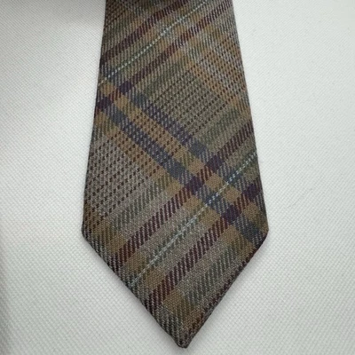 Mens Classic Tie Brown Horizontal Plaid Wool Weave 9cm W 150m L St Michael M&S - image 1 of 4