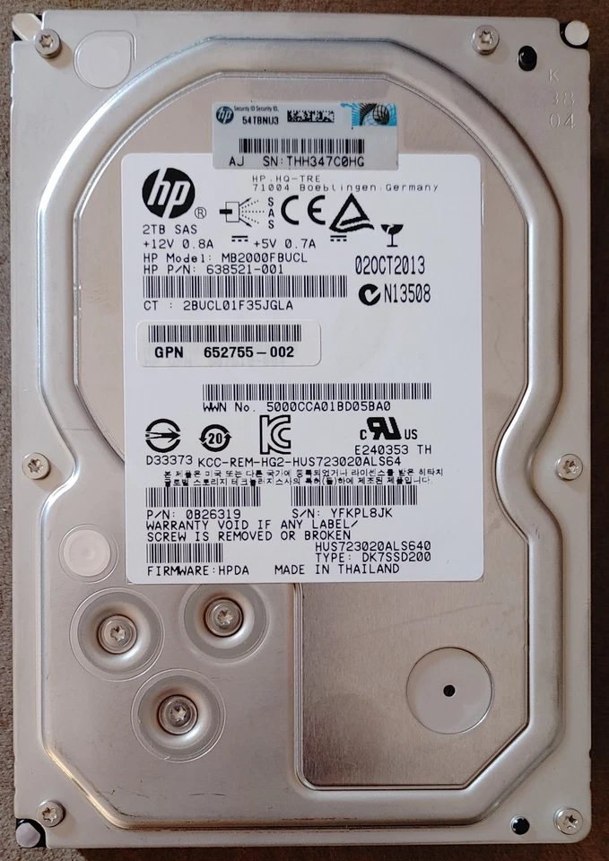 Hard Disk SAS HP 2 TB SAS MB2000FBUCL Quasi Nuovo  (  2000h) - Immagine 1 di 4