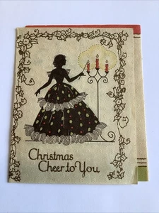 Vintage Christmas greeting card Victorian Woman Lighting Candles Antique 1920s - Picture 1 of 3