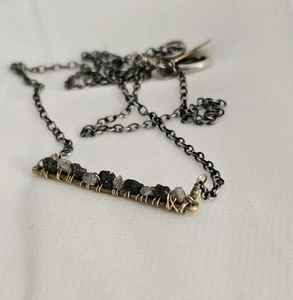 Vintage Diamond Bar Necklace 925 Silver Mixed Metal Uncut Diamonds Rustic Charm - Picture 1 of 8
