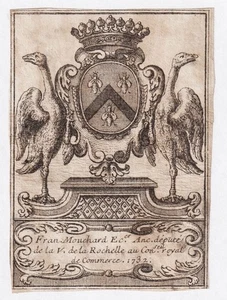 Exlibris François Mouchard Négociant Saintonge Blason Gravure Bookplate 18E - Picture 1 of 1