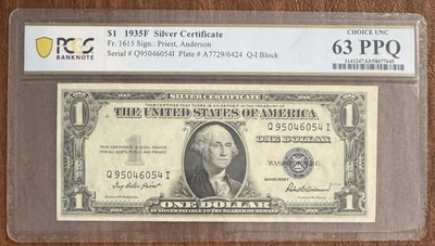 1935F $1 SILVER CERTIFICATE PCGS 63PPQ FR# 1615 PRIEST ANDERSON 1935 ONE DOLLAR - Image 1 of 2