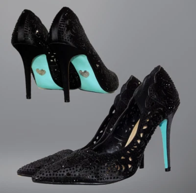 Betsey Johnson Black Crystals Black Satin Elsa Pumps Stiletto Heels Size 10 - Image 1 of 4