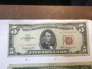 1963 or 1953 Five Dollar Red Seal $5 Red Seal Note US, 1 note - Picture 1 of 8