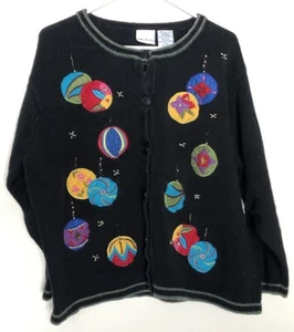 Bobbie Brooks Christmas Sweater Size XL Black w/ Bright Colored Ornaments Balls - Picture 1 of 4