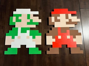 Super Mario Bros Handmade 8Bit Mario & Luigi PixelArt Woodcut Wallhanging Art - Picture 1 of 2