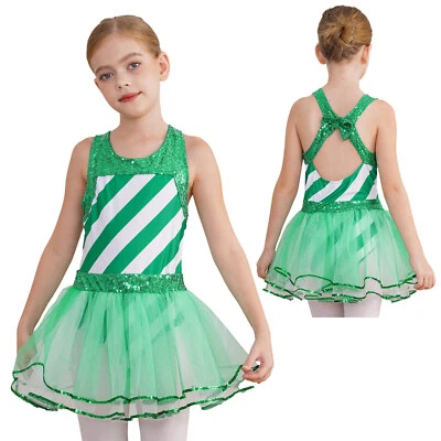 Kids Girls Christmas Striped Dress Candy Cane Costumes Xmas Party Tutu Dancewear - Image 1 of 3