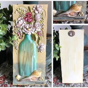 Hanging 3D Floral Ceramic Wall Plaque 8.5 x 3.5" Beach Cottagecore Kate McRostie - Picture 1 of 16