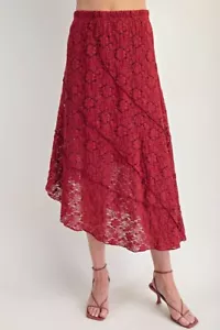 Easel Women's Floral Lace A-Line Tiered Midi Skirt in Moroccan Red - Picture 1 of 5