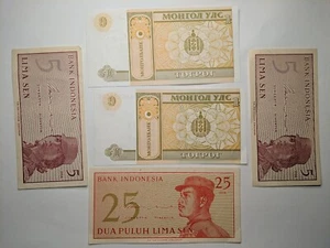 1964/2008, 5/25 Send Indonesia & 1 Tugrik Mongolia UNC/or High Grade 5 Banknotes - Picture 1 of 9