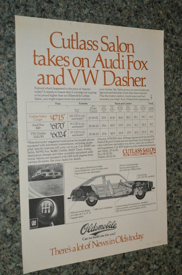 1978 OLDSMOBILE CUTLASS SALON ORIGINAL ADVERTISEMENT PRINT AD 78 - Image 1 of 1