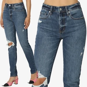 TheMogan Tobi Super High Rise Distressed Relaxed Tapered Cropped Leg Mom Jeans - Picture 1 of 14