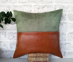 Horizontal half cognac faux leather-half green leather look pillow cover-1QTY - Picture 1 of 5