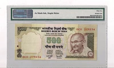  Pick# 99B 2007 500 RUPEES RARE PRINTING ERROR PMG 55 aUNC - Image 1 of 2