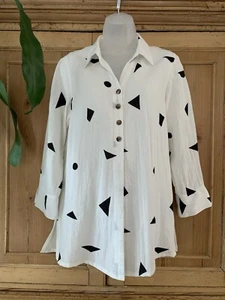 Fridaze Leinen Tunika Oberteil ~ Langarm Button Down ~ weiß schwarz | Damen Gr. XS - Bild 1 von 14