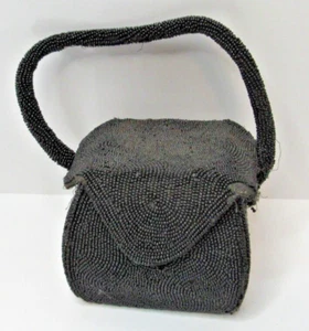 Bolso de mano de noche original antiguo vintage Art Deco negro con cuentas #US27 - Imagen 1 de 15