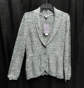 L LAURA SCOTT BUTTON FRONT MIXED KNIT CROCHET MARLED PEPLUM CARDIGAN SWEATER NEW - Picture 1 of 4
