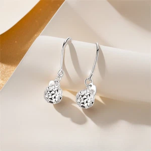 Pure Platinum 950 Dangle Women Lucky Carved Bead Ball Dangle Earrings 2.1-2.3g - Picture 1 of 4