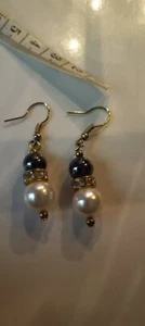 Culture Black & White Pearls Hook Earrings W/ Cubic Zirconia - Picture 1 of 5