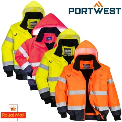 PORTWEST HI VIS 3-IN-1 BOMBER JACKET WATERPROOF FUR-LINED WINTER SAFETY WORKWEAR