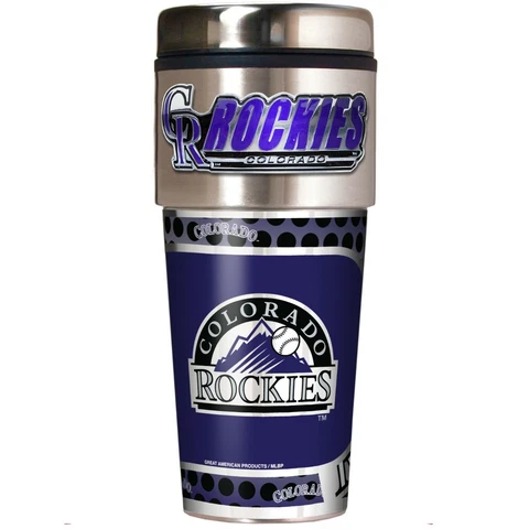 COLORADO ROCKIES 16 OZ STAINLESS STEEL COFFEE TRAVEL MUG WITH METAL EMBLEM Cover