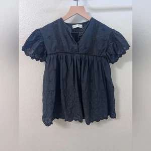 Zara Girls Size 7 Swiss Floral Embroidered Dress flounce sleeves black - Picture 1 of 7