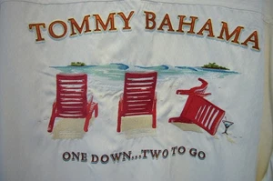 TOMMY BAHAMA MEN'S SHIRT 100% SILK - IVORY LG - EMBROIDERED "ONE DOWN......." - Picture 1 of 10