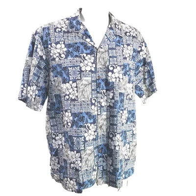 Camisa Aloha Hawaiana Royal Creations 2XL Tribal Hibisco Flores Azul Blanco Foto 1 de 4