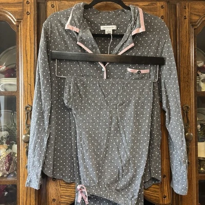 Liz Claiborne Women’s Pajama Set Gray Pink Polka Dots Long Sleeve Large Soft - Image 1 of 4