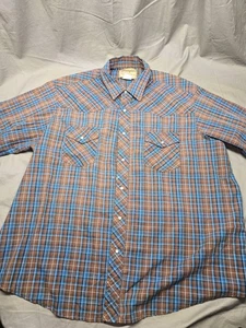Wrangler Western Fashion Pearl Snap Shirt 2XL Brown Blue Plaid Long Sleeve - Picture 1 of 7