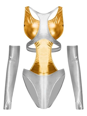 Women Astronaut Outerspace Costume One Piece Metallic Shiny Bodysuit with Gloves - Image 1 of 4