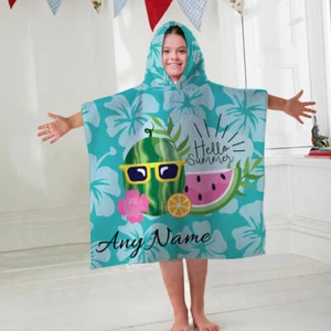 Kids Personalised Hooded Towel Hello Summer Blue Childrens Bathrobe Swim Bath - Picture 1 of 3