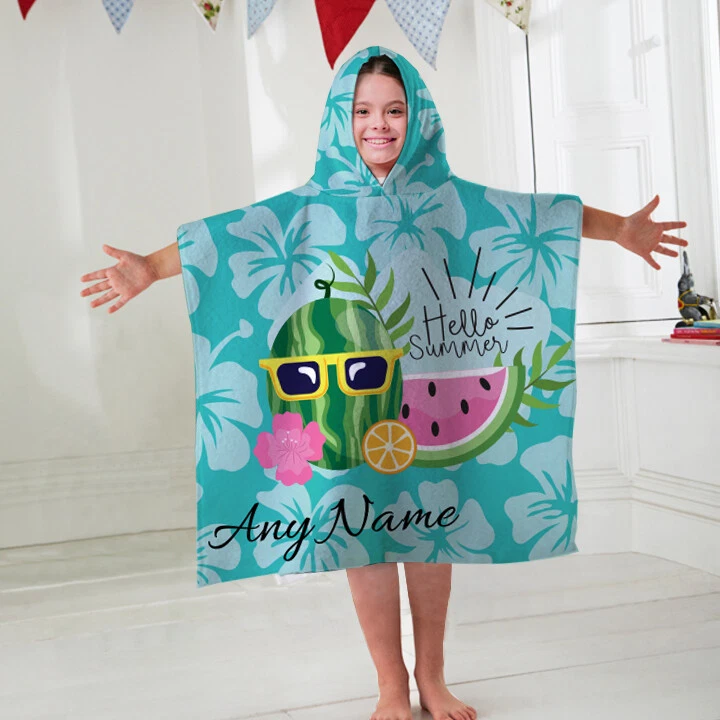 Toalha de banho infantil personalizada com capuz Hello Summer azul infantil  - Imagem 1 de 3